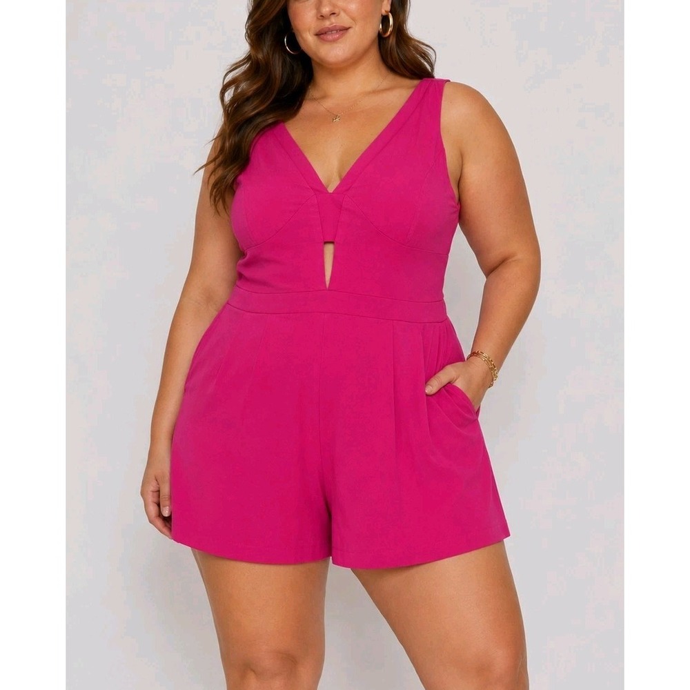 City Chic M/18 Pink Romper Playsuit V Neck Pleated Waist Wide Leg Pockets